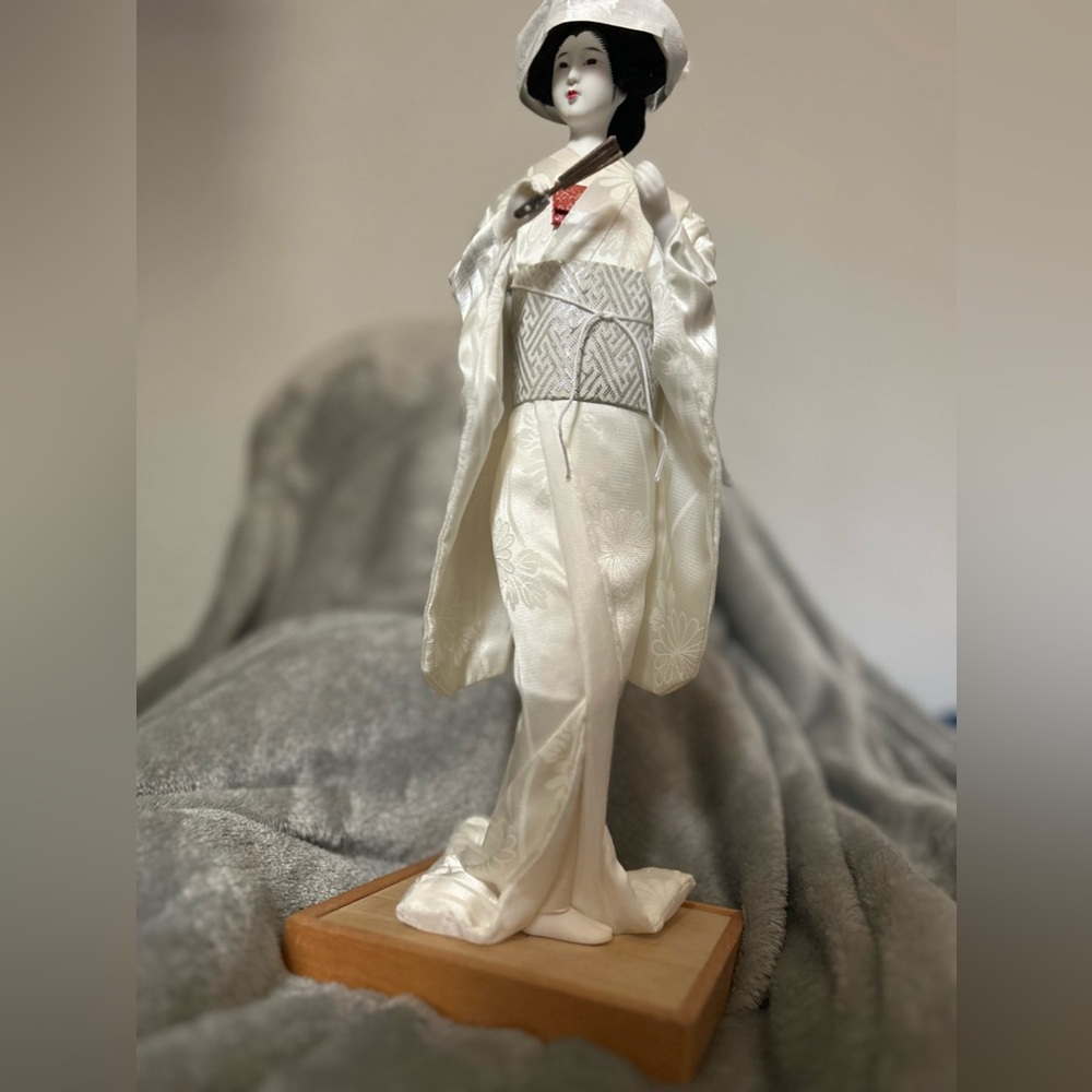 Vintage Geisha Wedding Doll on Wooden Platform